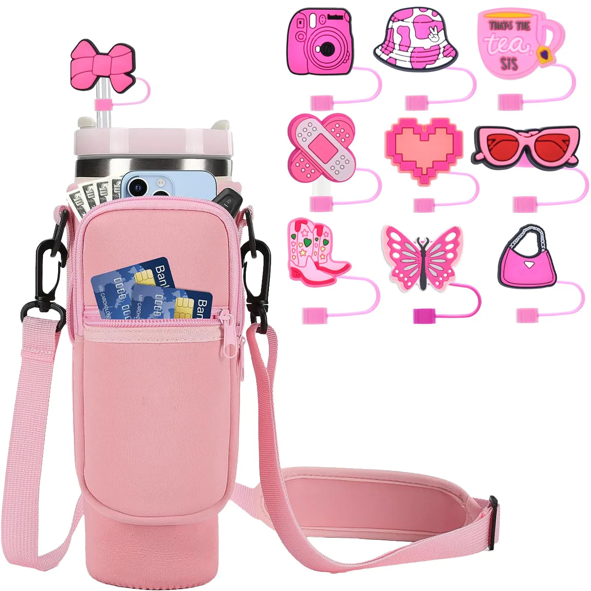 1+10pcs Water Bottle Carrier Bag with Straw Cover for 40oz&30oz Tumbler with Handle,Pink Cup Accessories