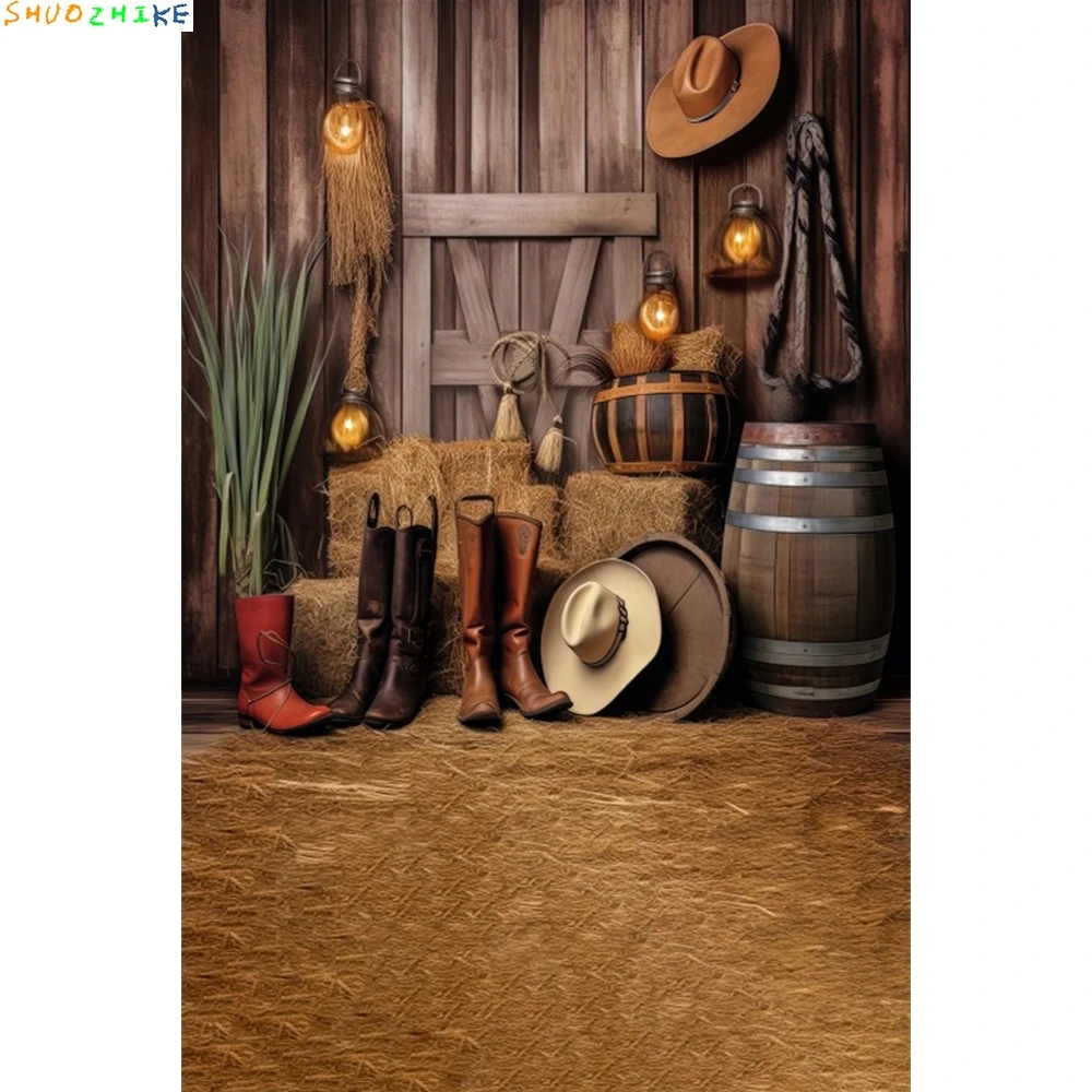 

Western Cowboy Backdrop Wood Barn Straw Hat Haystack Baby Shower Birthday Party Photography Background Decor Photo Studio Props