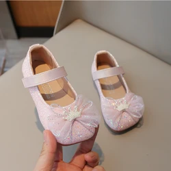 Elegant Girls Party Shoes 2024 Spring Versatile Children's Leather Shoes Bowknot Pearl Sweet Kid Princess Ballet Flats Mary Jane