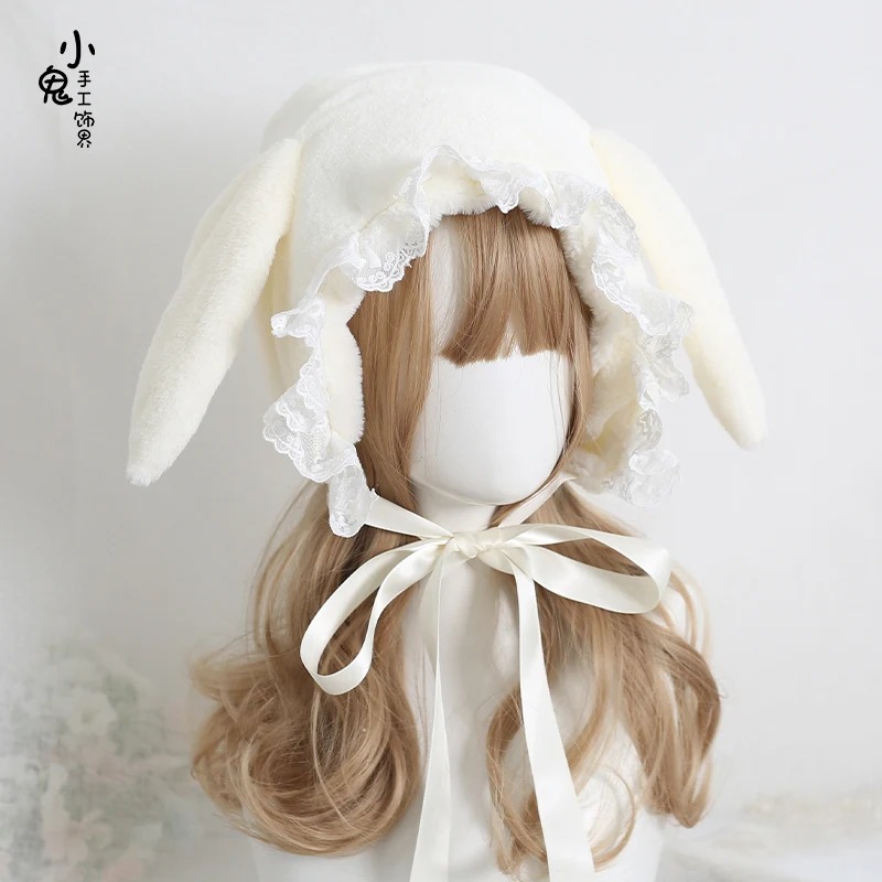 Japanese Style Sweet and Cute Lop Eared Rabbit Ushanka Lace Lolita Earmuffs Hat All-Match Plush Winter Warm Hat