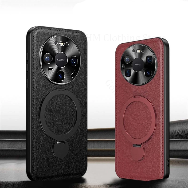 

For Magsafe Case For Huawei Mate 80 Pro Plus 50 40 60 70 Pro Camera Lens Protection Magnetic Ring Holder Kickstand Leather Cover