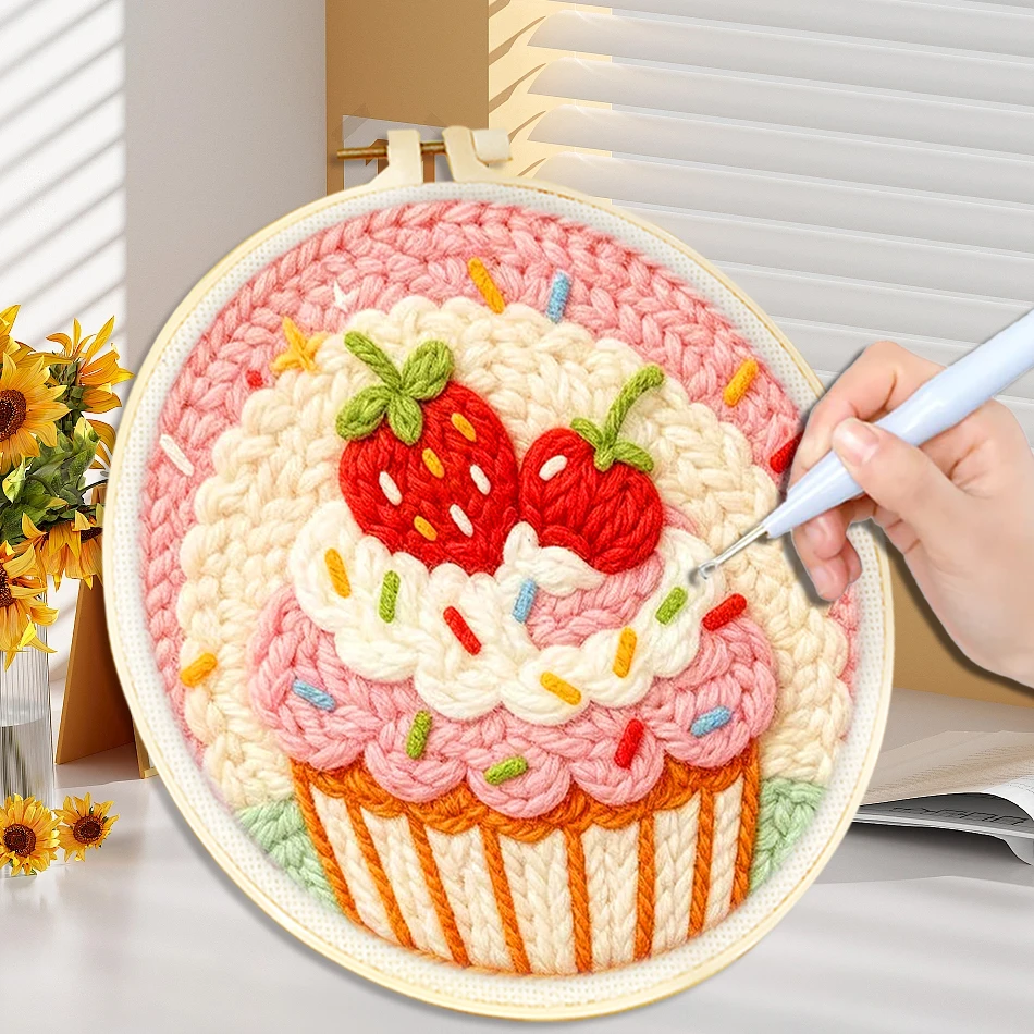 Punch Needle Embroidery Kit For Beginners Sweet Dessert Tool with Punch Needle Fabric, Hoops Yarns and Sewing Needles Home Decor