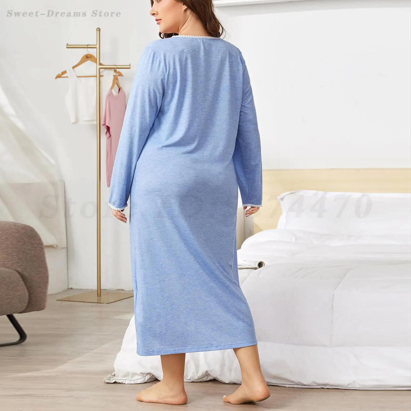Blue Long Sleeved Nightdress Women\'s Sweet Lace Edge Nightgown Large Size 4XL Sleepwear Casual Home Dressing Gown Lounge Wear
