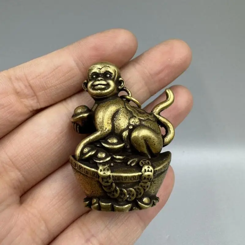 42MM Collect Chinese Brass Zodiac Animal Monkey Yuanbao Wealth Money Statue