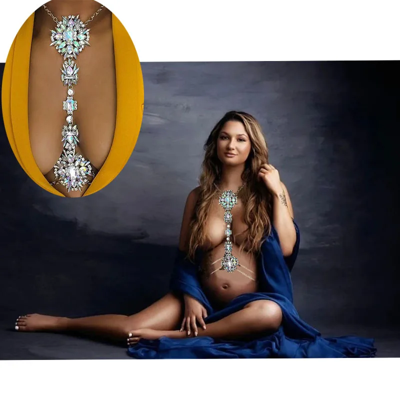 Boho Rhinestone Statement Chest Chain Crystal Necklace Body Chain  For Pregnant Women Photography Props