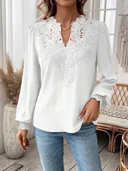 White Lace Patchwork Shirt Women Fashion V-neck Lantern Sleeve Shirts For Women 2024 Autumn Winter Vintage Blouse Tops Femme