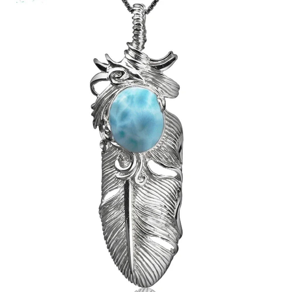 

Natural Larimar/Turquoise10*12 mm 5CT Feather 925 Silver Pendant Retro Personality Fashion Classic National Feather Necklace