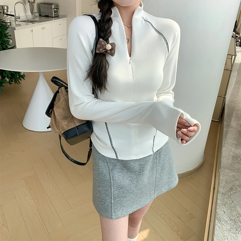 Womens Long Sleeve Top Double Sided German Velvet Zipper High Neck Warm Base Shirt Autumn Winter