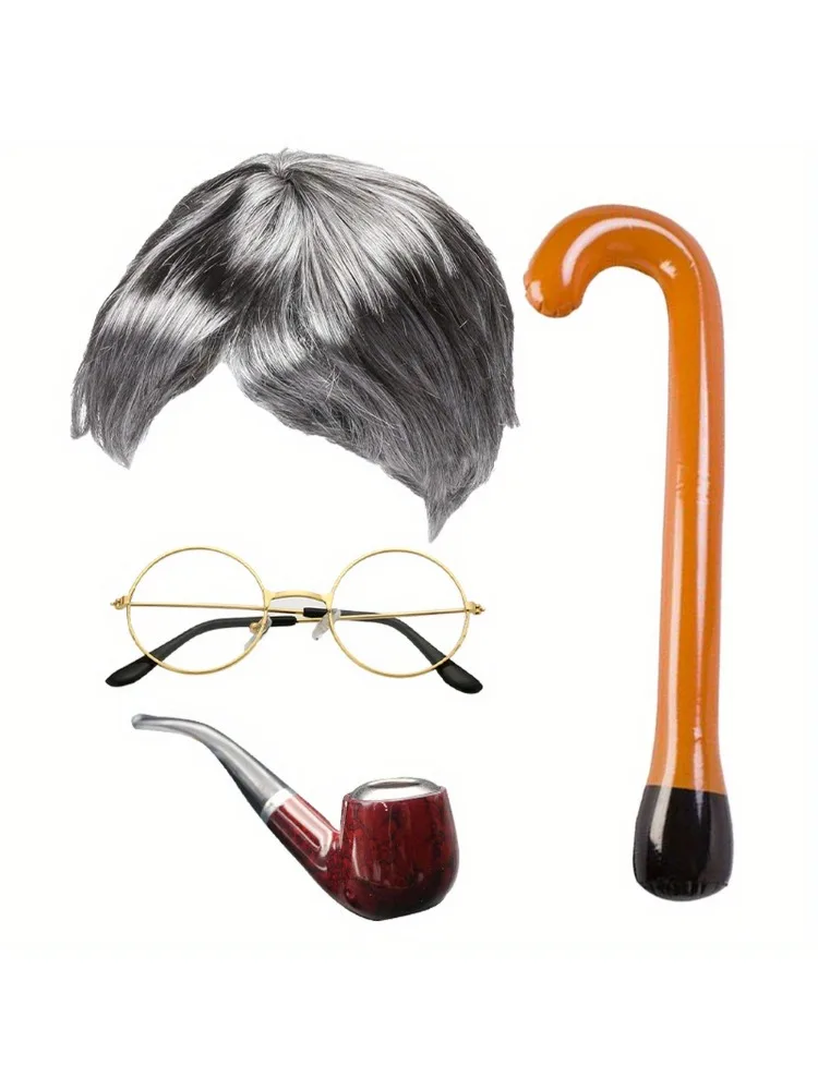 

Holiday Party outfit Dress up Old Man wig glasses Grandpa costume accessories Inflatable cane Party set accessories