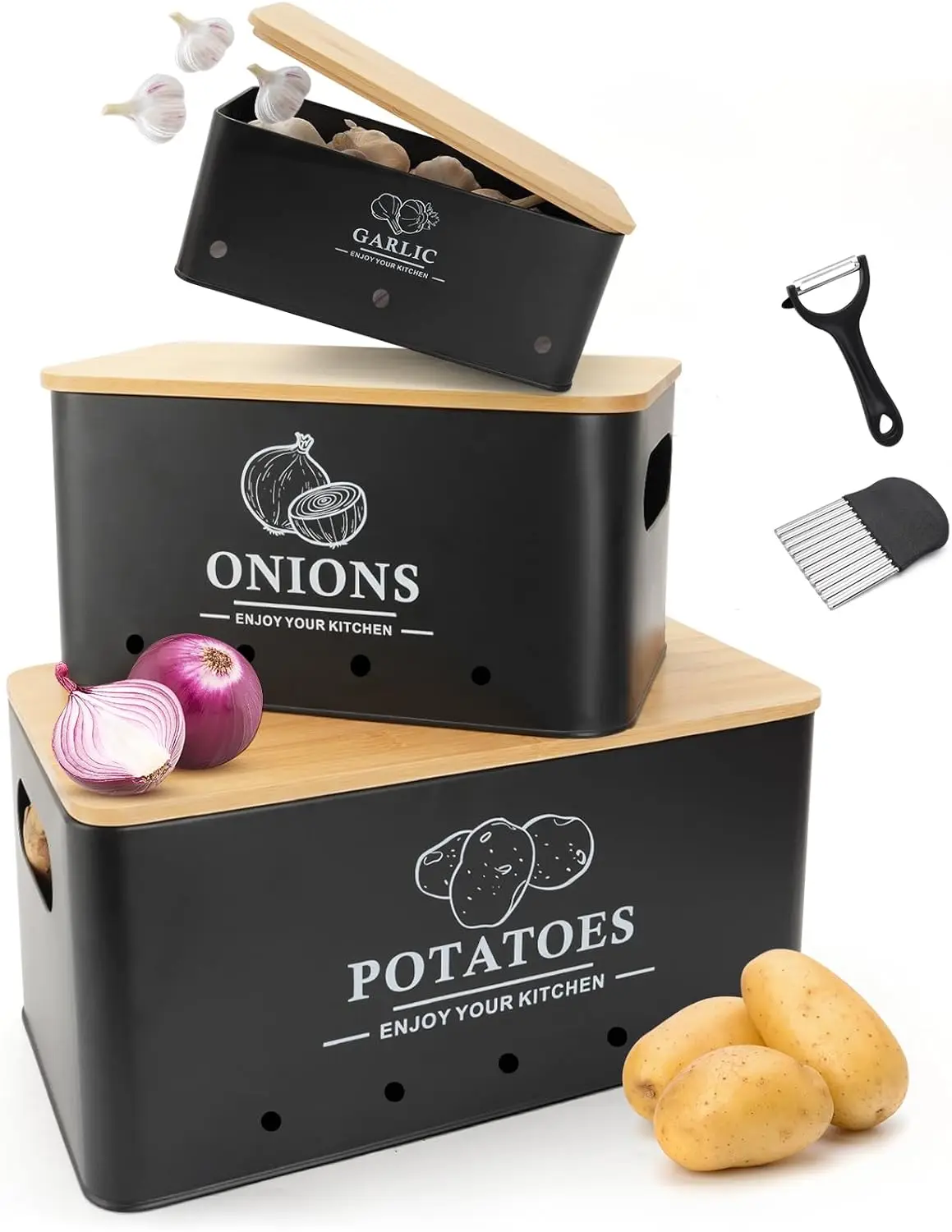 

3-Piece Metal Vegetable Storage Set with Wooden Lids and Aerating Holes for Potatoes, Onions, Garlic