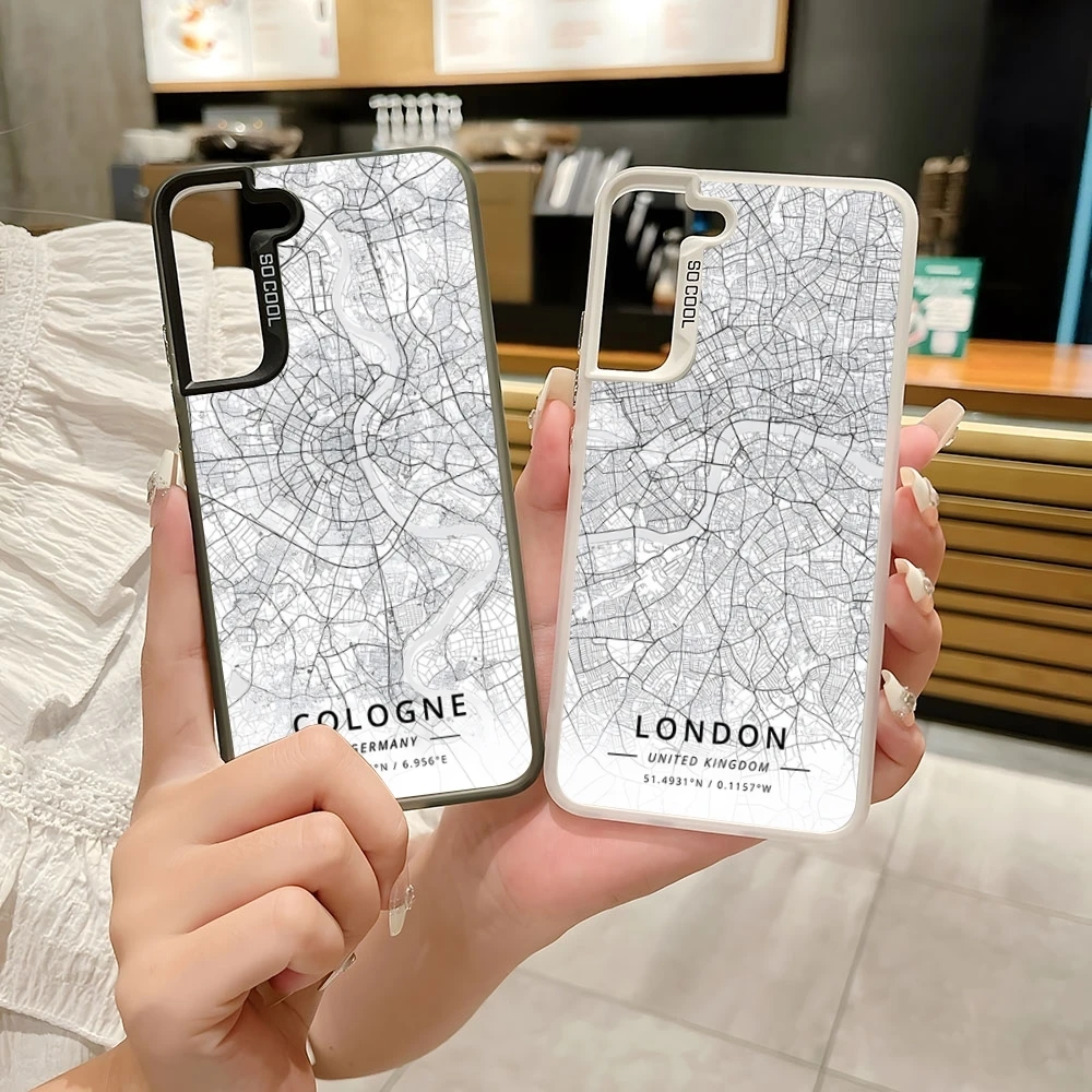 Paris Country Sketch City Map Phone Case Colored Silver Trendy Phone Case For Samsung S 22 23 24 Note 20 Ultra Plus PRO FE Cover