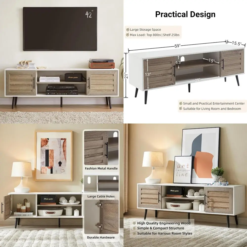 Mid Century Modern TV Stand - 65 Inch Wood Storage Cabinet with Open Shelf, Entertainment Center for Living Room