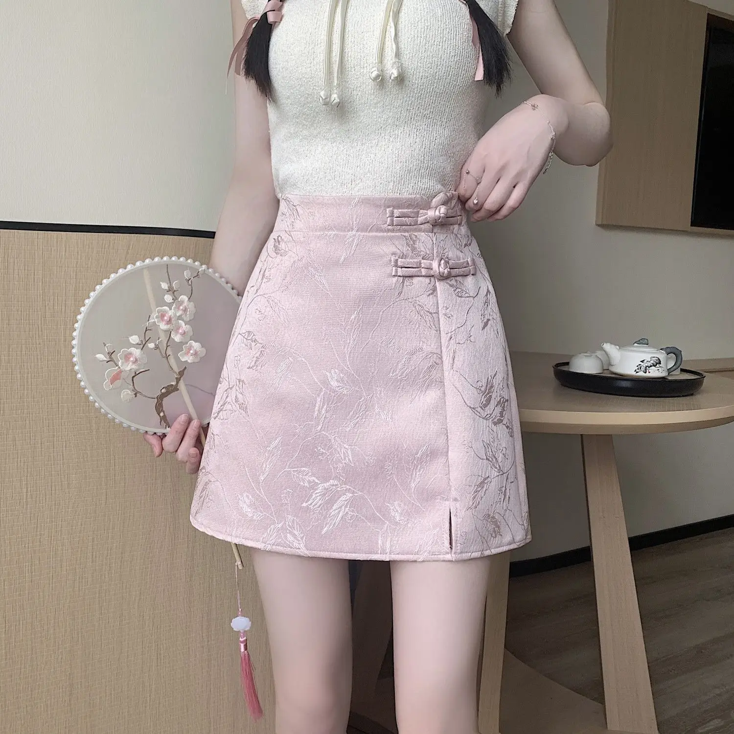 

Chinese Style Knot Button Jacquard Skirt 2026 New Summer Women High Waist A-line Skirts Female Vintage Hanfu Skirt Short Skirt