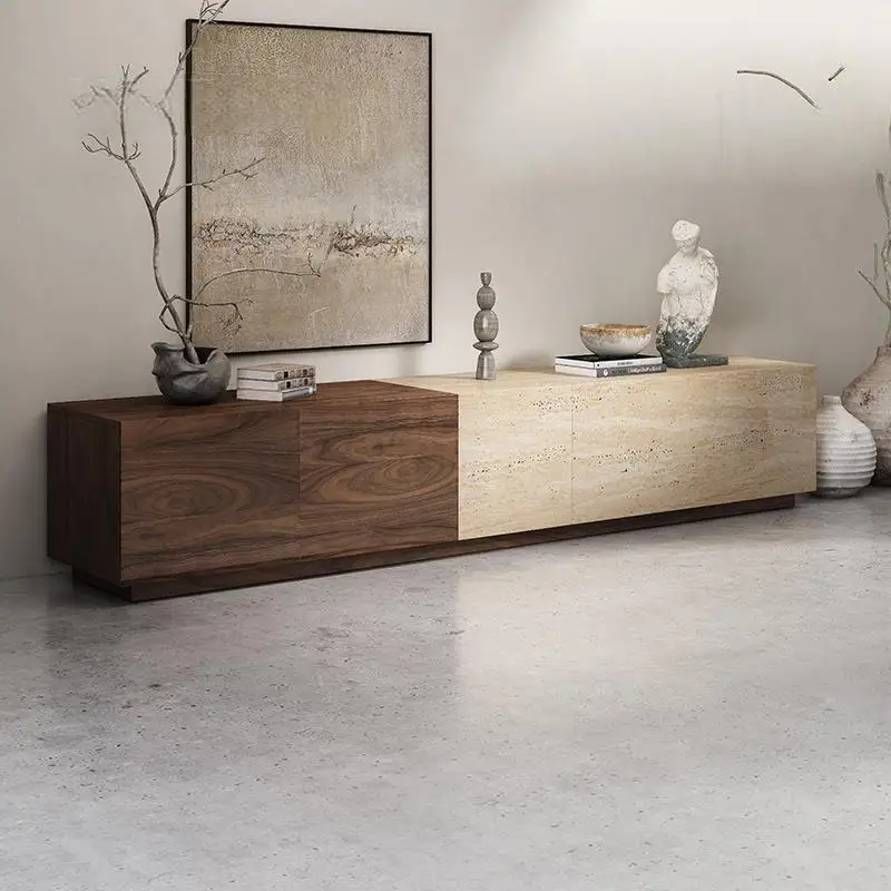 Modern TV Stand with Soft-Closing Drawers Storage Natural Stone Media Console Customizable Design