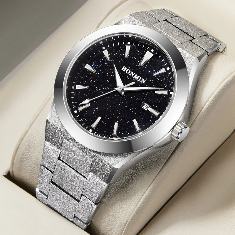 New Frosted Watch Man Starry Sky Dial Men Quartz Watch Calendar Luminous Waterproof Stainless Steel Strap Business Wristwatches