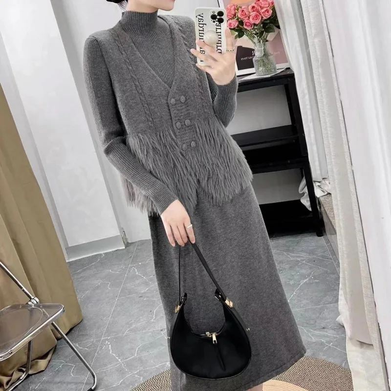 

Knit 2 Piece Set Women‘s Spring And Autumn Fashion Loose Cardigan Vest Long Sleeve Knitted Dresn