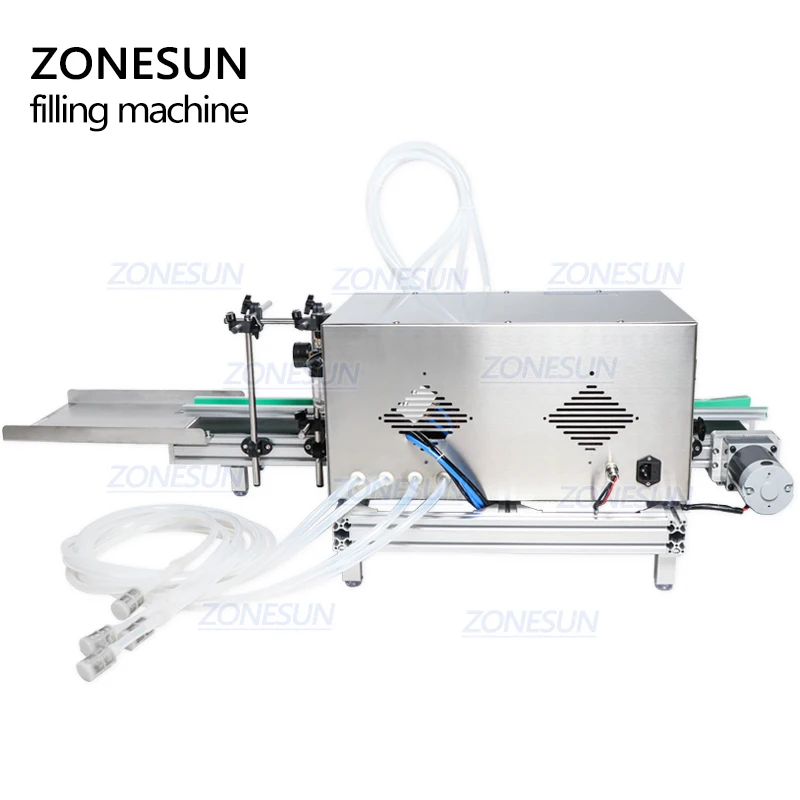 ZONESUN Full Automatic Desktop Liquid Filling Machine With Conveyor Glass Plastic Bottle Perfume Juice Milk Water Filler