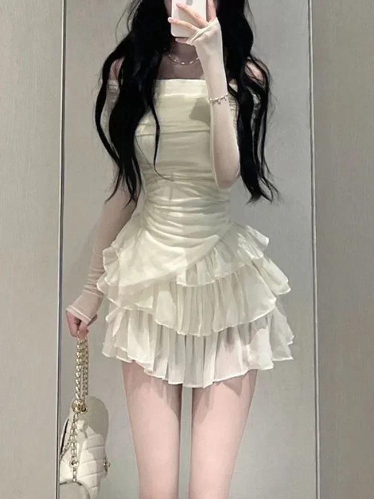 

Комплект из двух предметов Frence Fairy: элегантный облегающий костюм с вырезом-лодочкой для вечеринок, женский корейский сексуальный топ + юбка-«тортик», новинка 2026 года