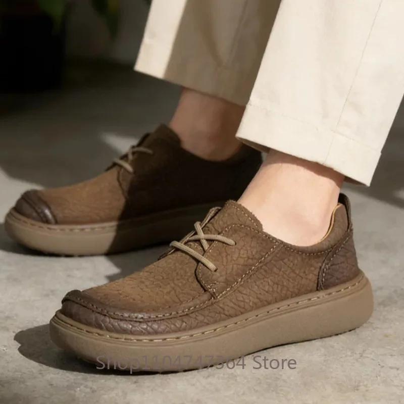 British Style Flat Sole Casual Leather Shoes Men's Retro Genuine Leather Lace Up Derby Office Work Business Male Shoes Youth