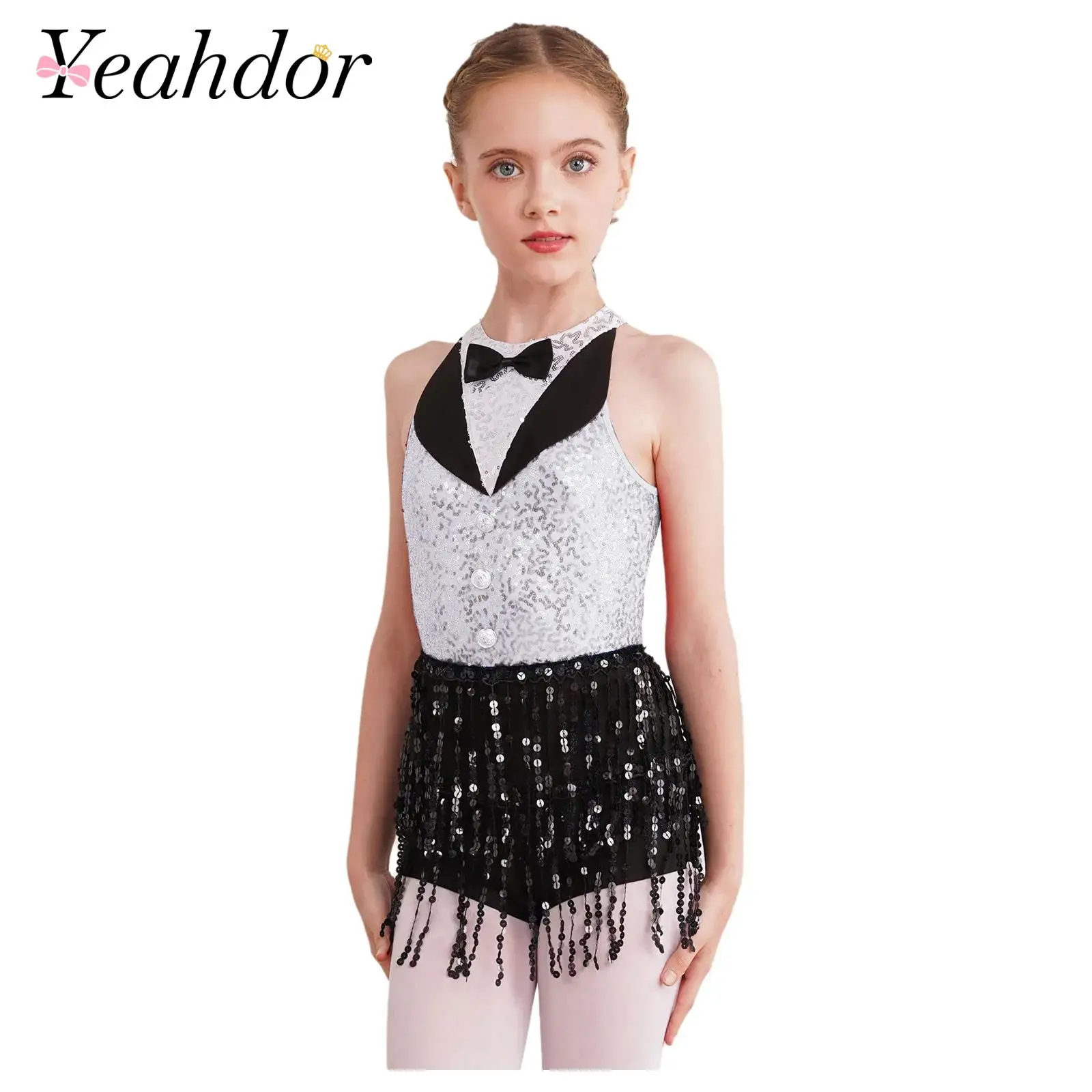 Kids Girls Sleeveless Sequin Tassels Latin Cha-cha Leotard Dress Children Modern Performance Dancewear Tap Jazz Dance Costume
