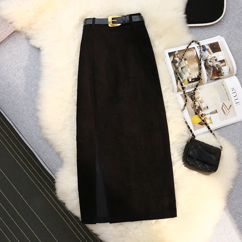 Women Korean Split Mid-calf Length High Waist Slim Package Hip A-line Retro Black Corduroy Skirts Fashion Spring Faldas Large