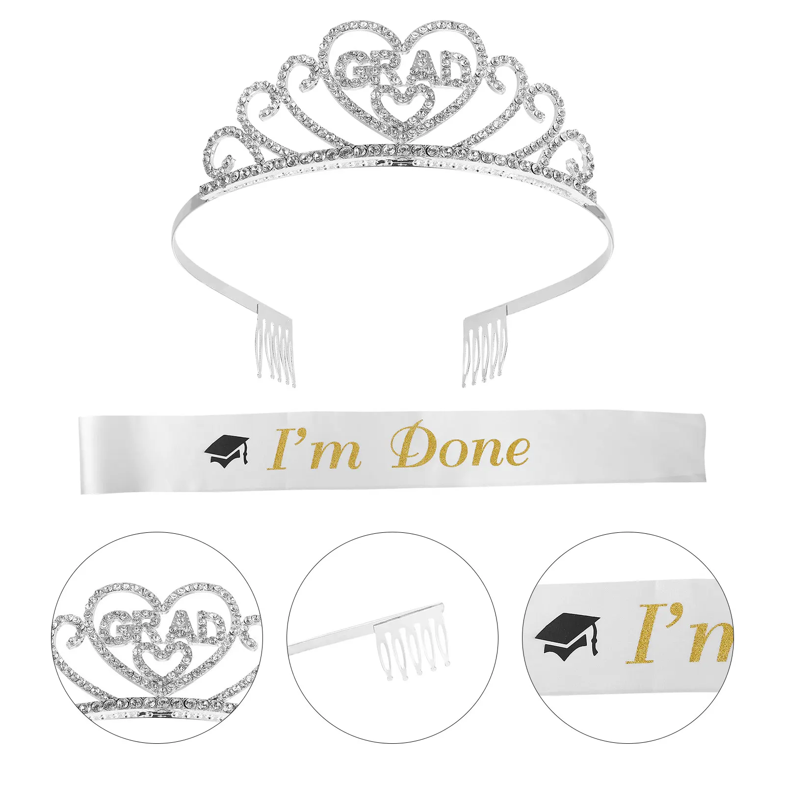 

White Satin Princess Crown Graduation Party Supplies Etiquette Belt School Graduation Party Sash Set Theme Decorative