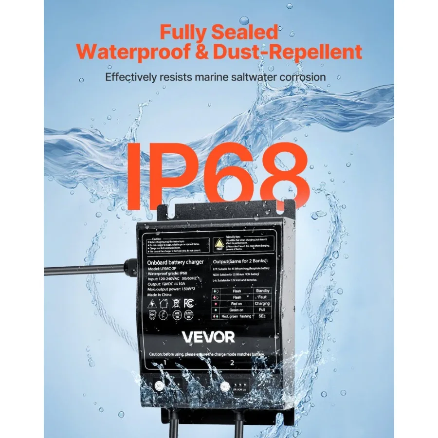 2バンク10A 12Vスマートマリンバッテリーチャージャー、オンボードIP68防水、ボート/RV用