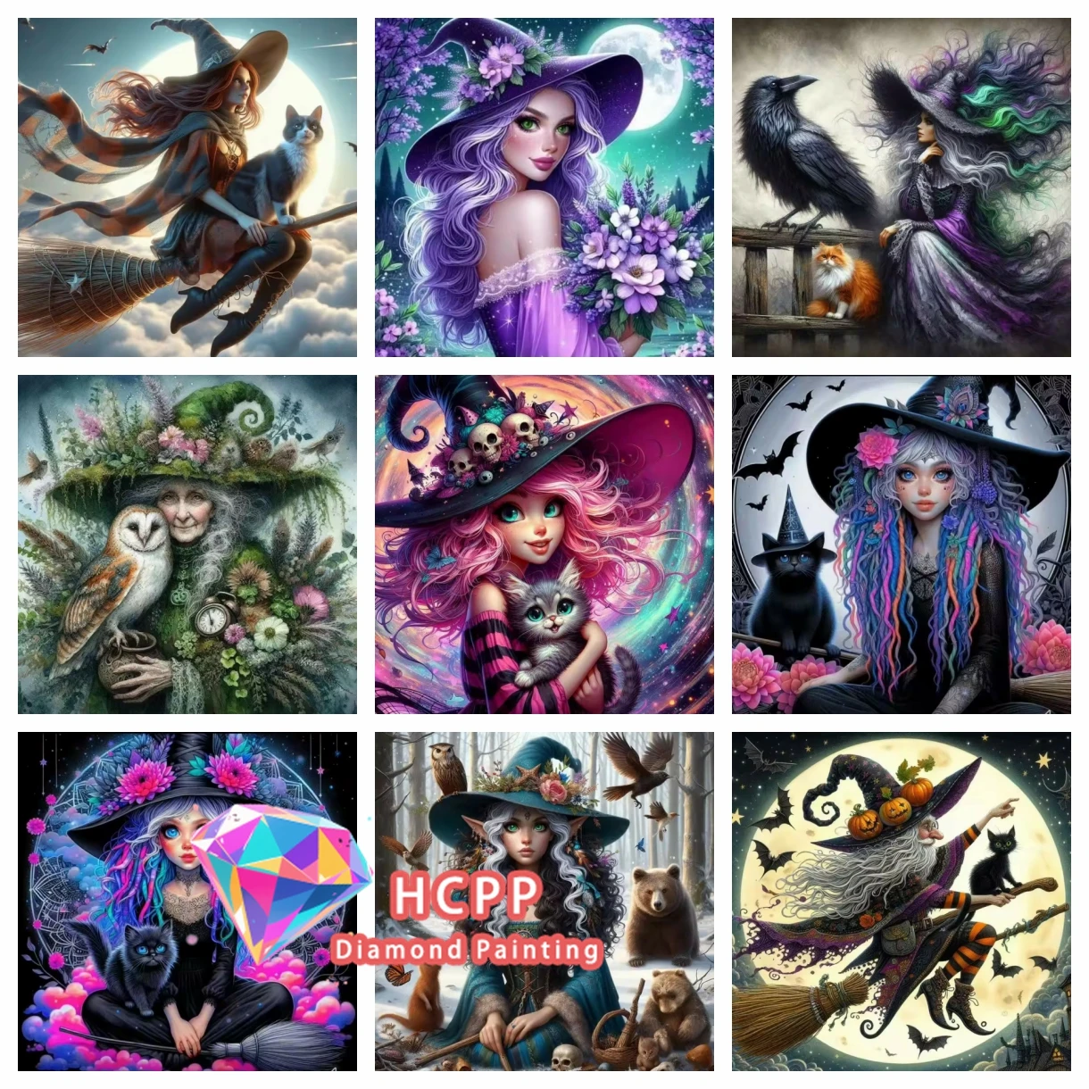 1PC frameless 5D Diamond Painting Art Witch Lady and Cat DIY Drill Mosaic Halloween Girl Craft Supplies Embroidery  Home Decor C