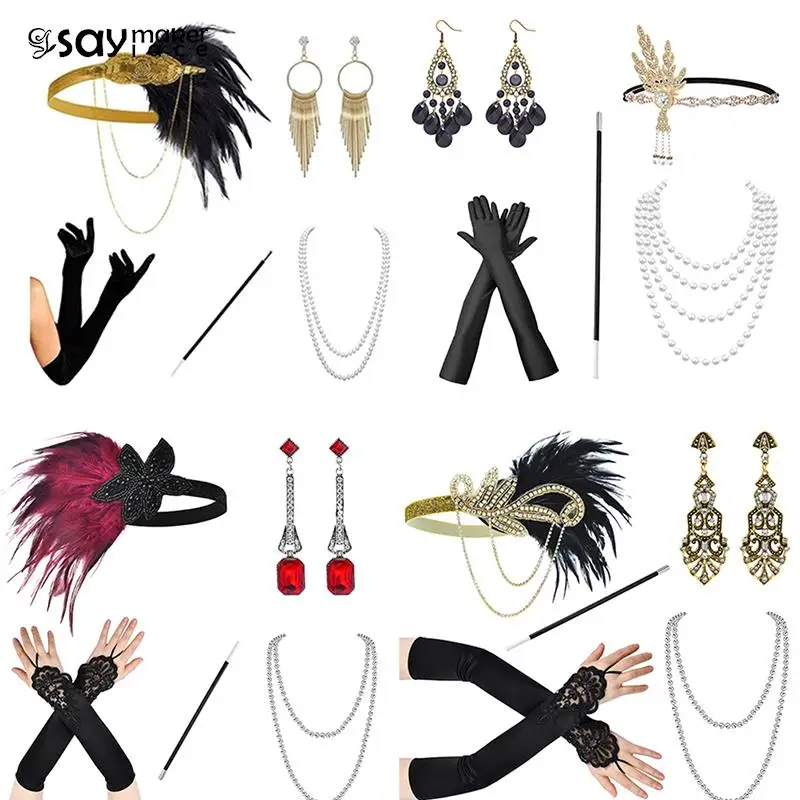 1920's Cosplay Flapper Halloween Kostuum Hoofdband Parelketting Lange Handschoen Maskerade Set Accessoires