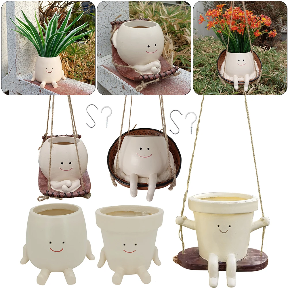 

Swing Smile Face Planter Resin Cute Plant Succulent Pots Creative Hanging Swing Chair Planter for Indoor Outdoor Plant