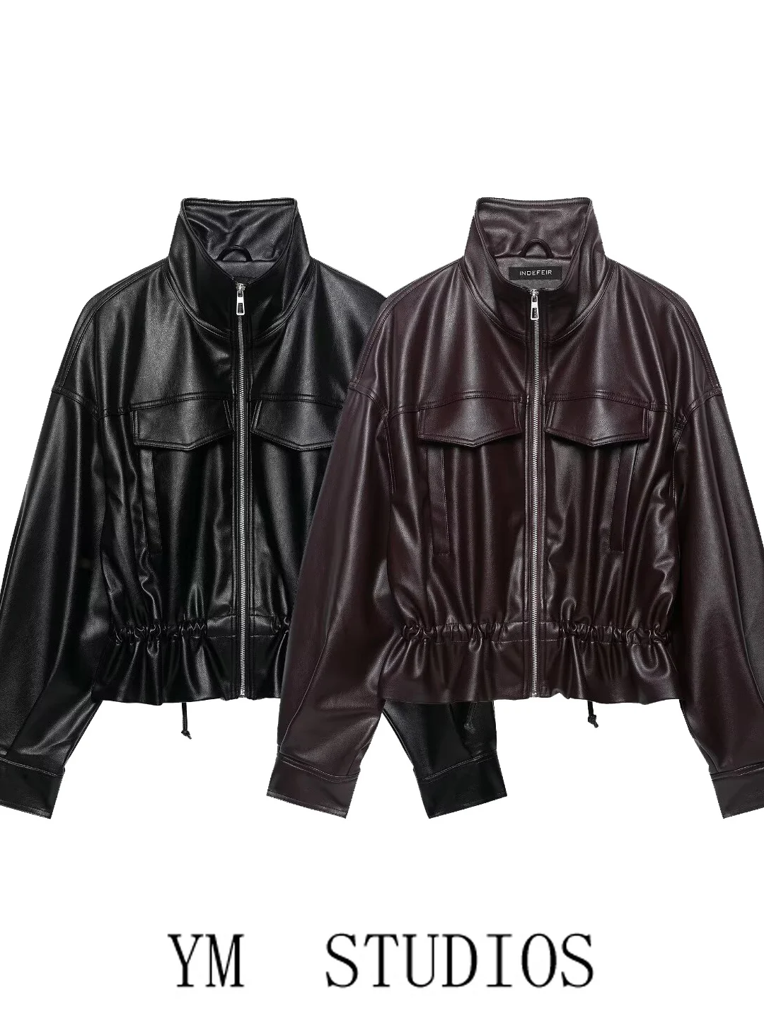Cool Short PU Leather Jacket Women's Fashion Motorcycle Style Stand Collar Drawstring Waist Belt Cool Outerwear Coat