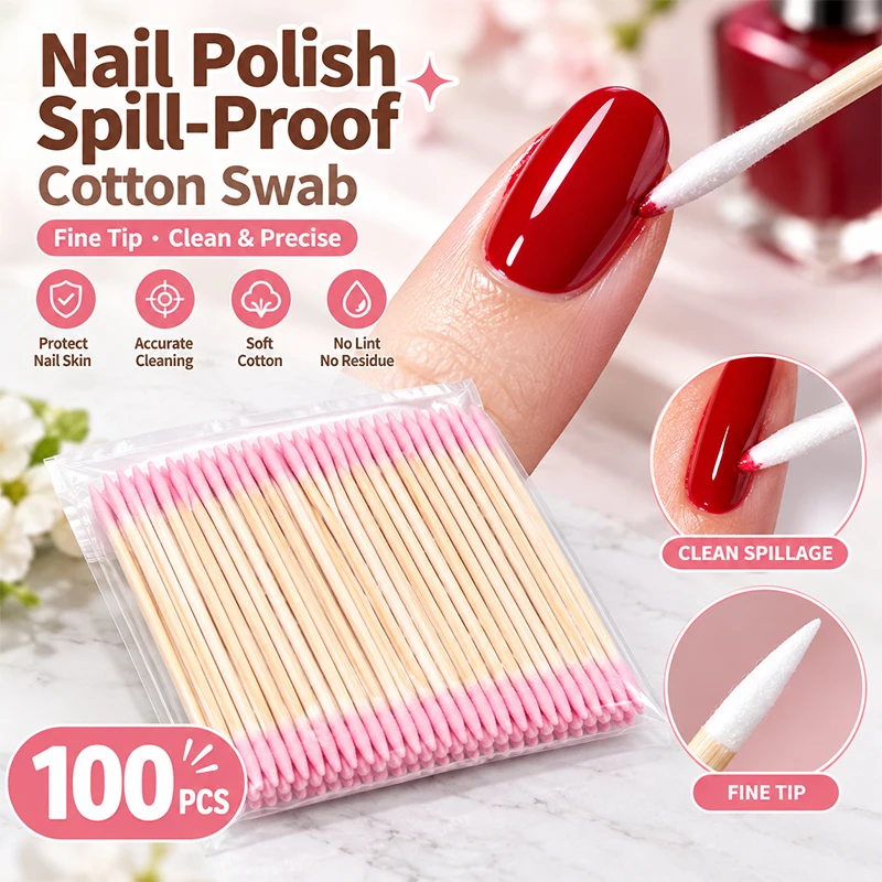 100Pcs Double-Ended Cotton Swabs Fine Pointed Tips for Nail Art Makeup Eyeliner Correction - Beauty Precision Cleaning Tools