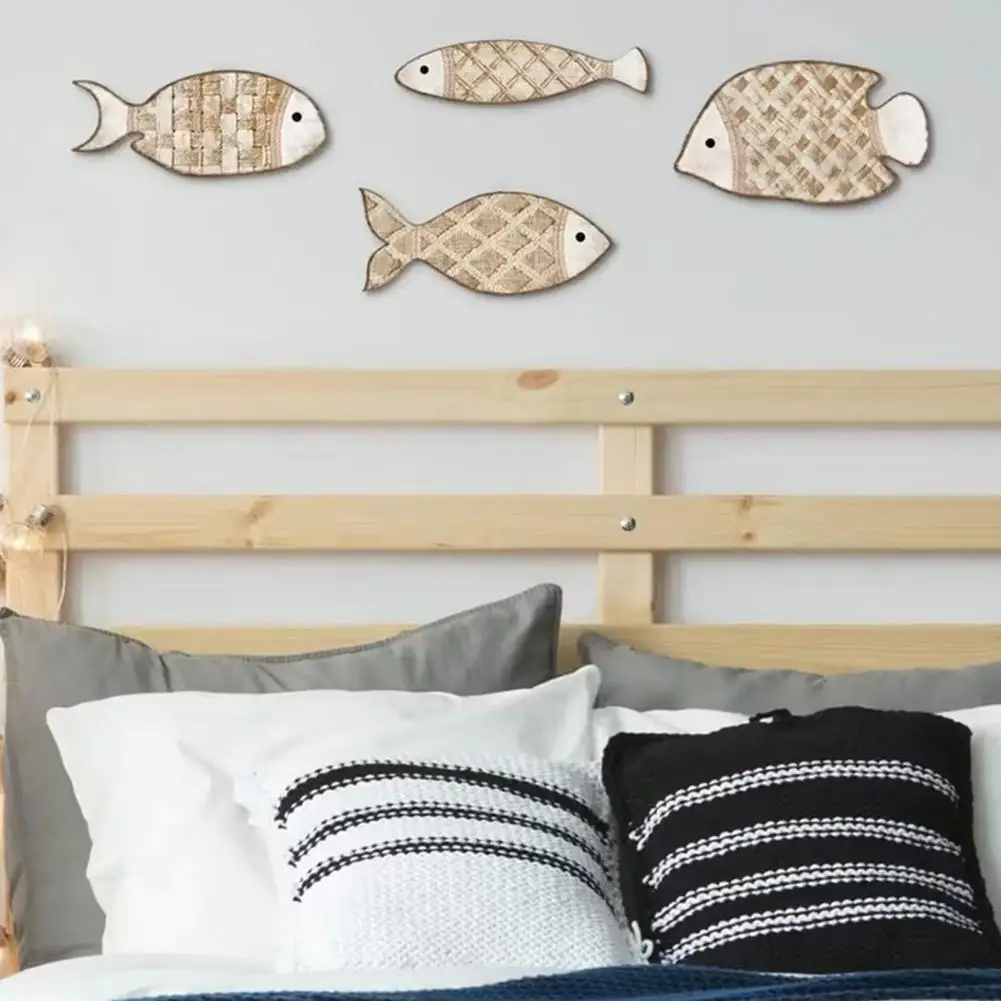 Woven Wall Decoration Fish Shaped Wall Art 4pcs Woven Fish Wall Decor Set Handcrafted Coastal Boho Art Pieces Textured for Room