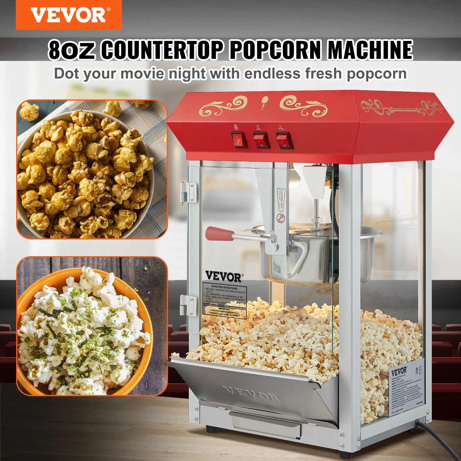 Vevor Commerciële Popcornmachine, 8/12 Oz Ketel, Aanrecht Popcorn Maker ,Theater Stijl Popper Met 3-Switch Control, Rood