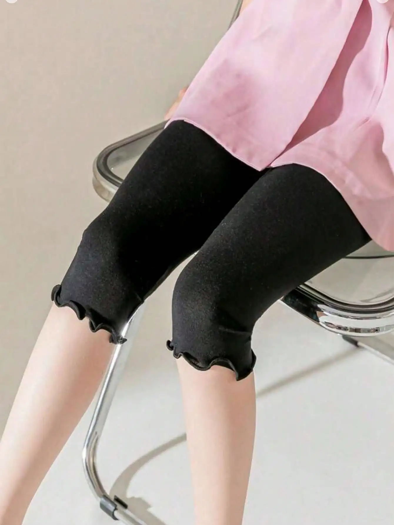 3PCS Toddler Girls Ruffle Capri Leggings Kids Breathable Summer Cropped Pants Solid Color Anti-Ride Elastic Casual Bottoms