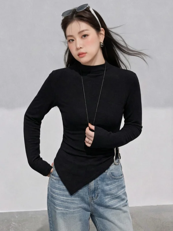 

Новая универсальная повседневная футболка с длинным рукавом для полных женщин, приталенный черный топ для офиса и на каждый день, зимняя модель.