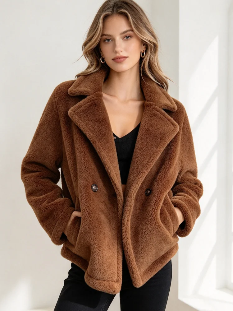Sherpa Teddy Jacket for Women Lapel Double Breasted Short Fluffy Fleece Thick Warm Outerwear Fall Winter Daily Commute Outfit