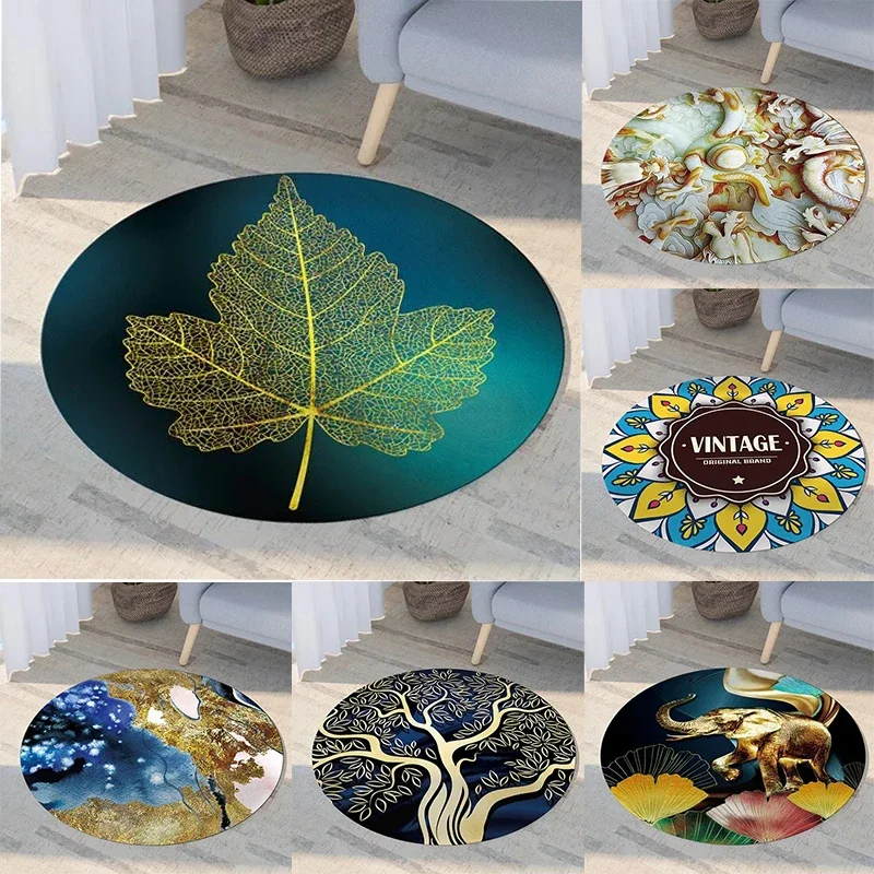 Nordic Style Round Carpet Modern Fashionable Fresh Soft Comfortable Green Plant Maple Leaf  Flower Pattern Corridor  Carpet