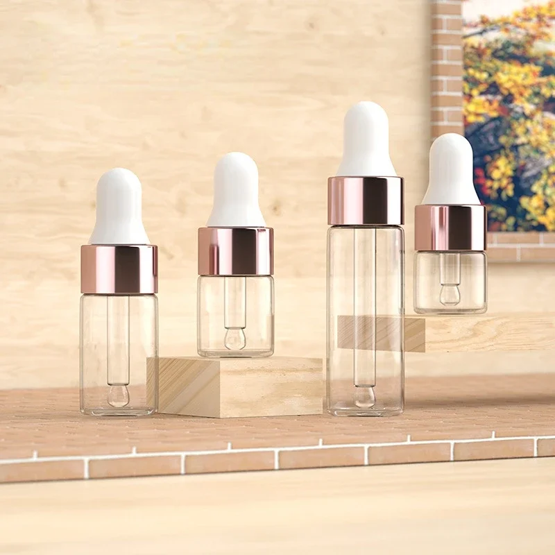 10/20pcs Mini Dropper Bottles Glass Empty Essential Oil Aromatherapy Bottles Rose Gold Cap Pipettes Bottles 1ml 2ml 3ml 5ml