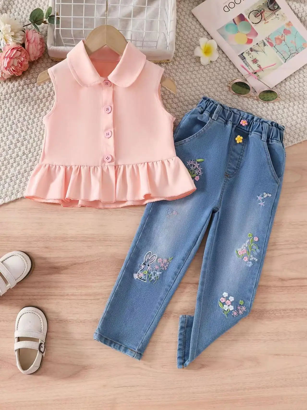 2026年春夏新作-女の子用ジーンズ2点セット-シャツ＆カジュアルパンツ-おしゃれなコーディネート-ベビー4-7歳-女の子用-100-140cm