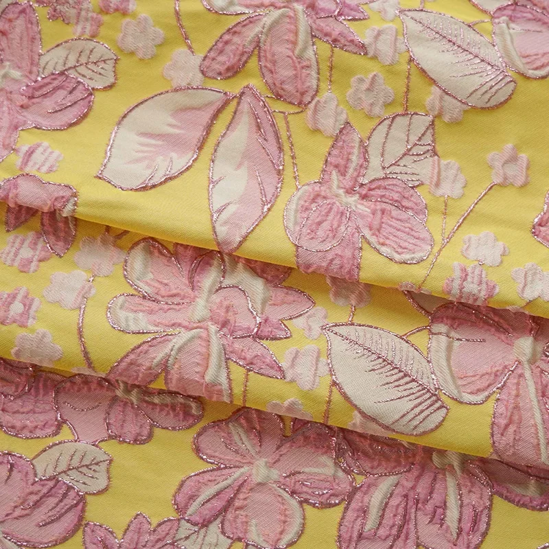 Pink Flower Bright Yellow Jacquard Brocade Fabric Autumn Winter Fashion Dress Bag Diy Sewing Fabric