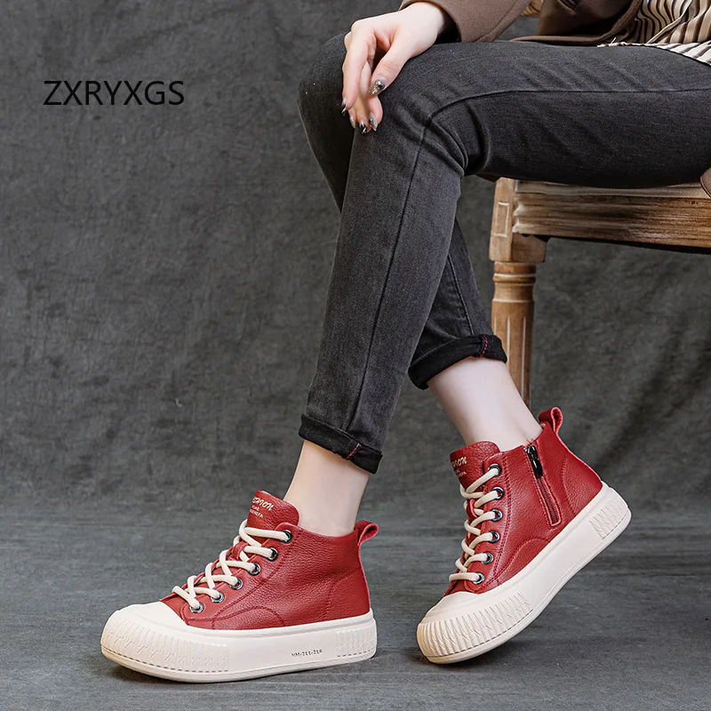 ZXRYXGS Toplaag Koeienhuid Sneakers Vrouwen Schoenen Hoge Top Trend Laarzen 2026 Nieuwe Lente Lace-up Platte Sneaker Casual Schoenen Zachte zool