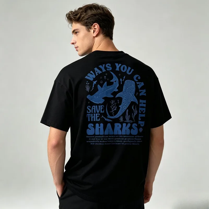 Save The Sharks Ocean Animal Back Print T Shirt Casual Retro Marine Graphic Short Sleeve Tee