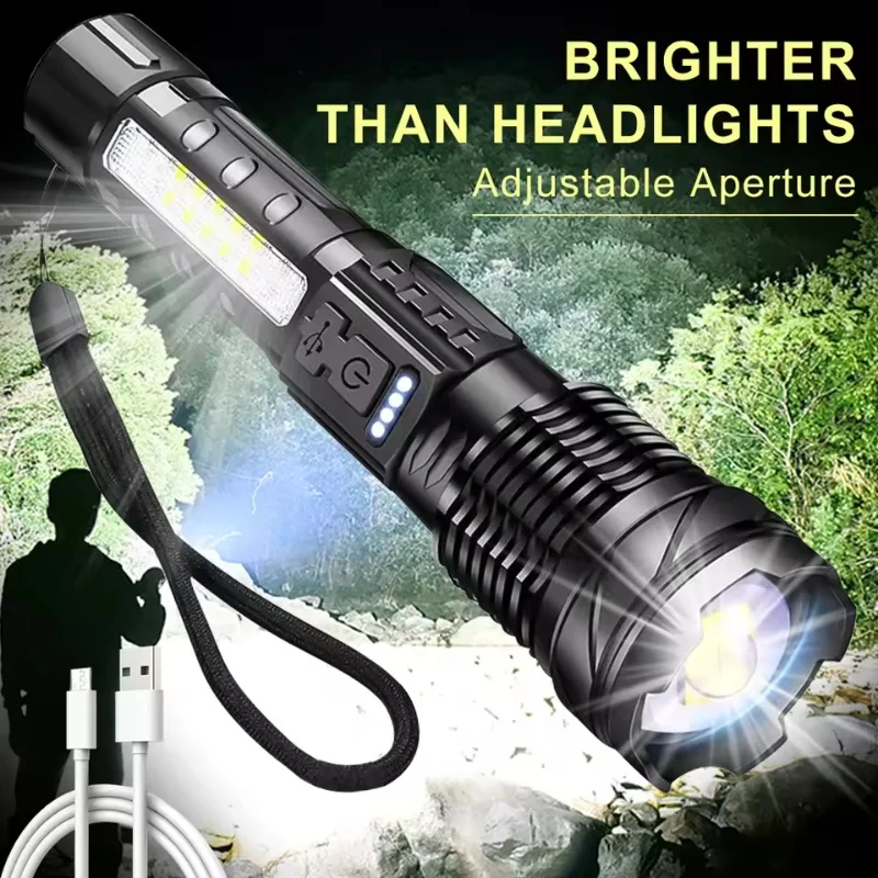 

Powerful XHP50 LED Flashlight Waterproof 18650 Torch With Side Light 7 Modes Camping Fishing Lantern USB Rechargeable Zoom Lamp