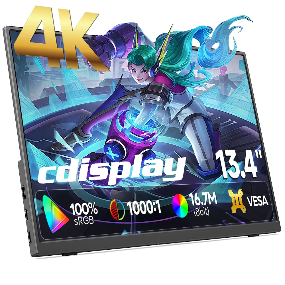 13.4 Inch 4K Portable Monitor 3840x2400 IPS Screen 100% sRGB 500Nits Travel Screen Laptop PC Phone Xbox Gaming External Display