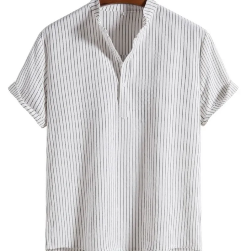 Sommer Baumwolle Leinen kurz ärmel ige Henry Shirt täglich lose gestreifte T-Shirt Stand Up Polo Shirt Herren Baumwolle T-Shirt europäische Größe