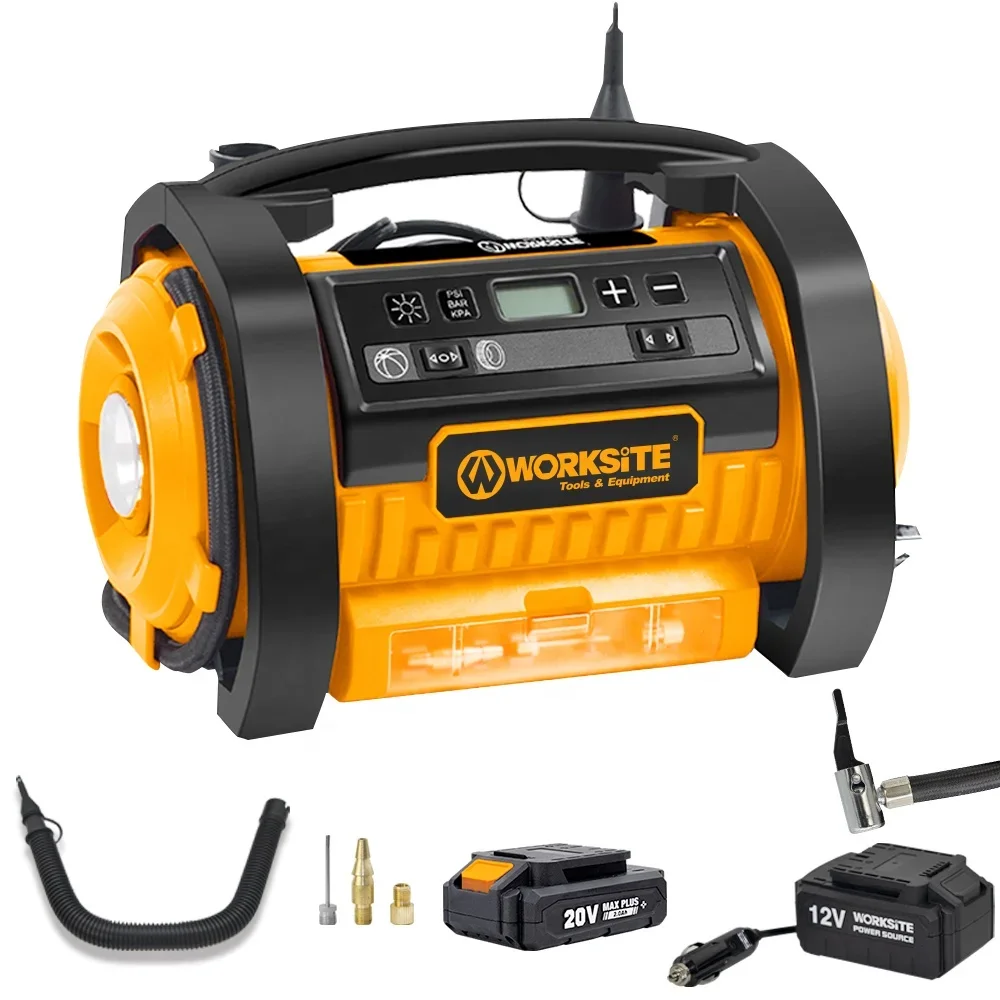 

WORKSITE Customized 150PSI Tire Inflators 120V AC/20V Battery/12V DC Air Compressor Vehicle Cordless Inflator/Deflator