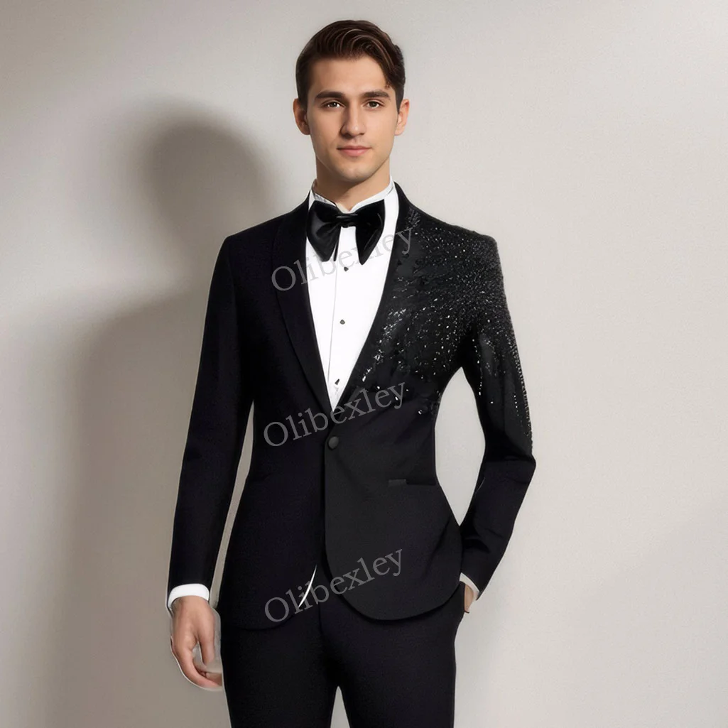 Olibexley Herren-Anzug, hochwertig, 2-teilig, Schmuckdekoration, ein Knopf, schmale Passform, formelle Party-Abschlussball-Anzüge für Hochzeit, Bräutigam