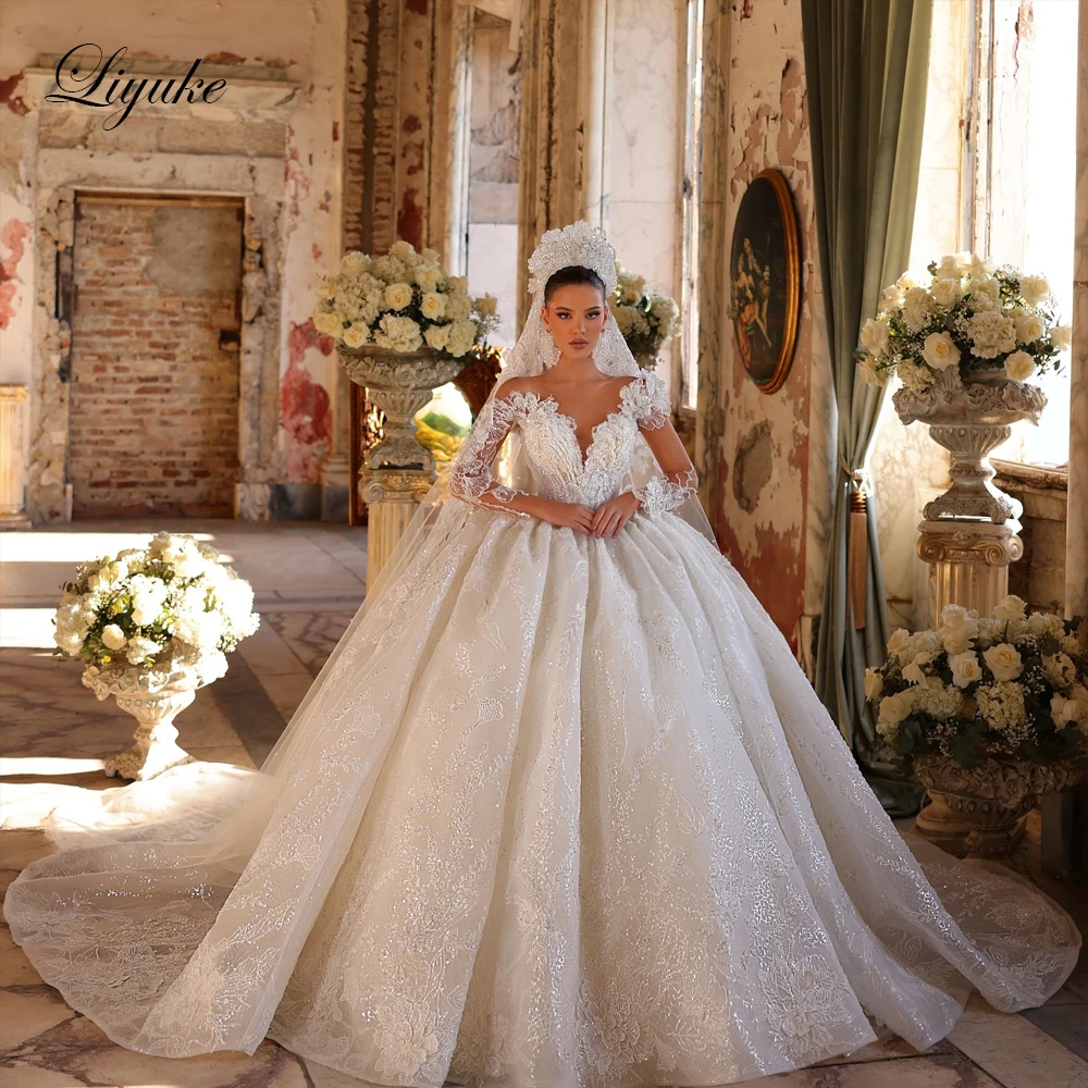 Liyuke op maat gemaakte luxe kralen parels applicaties baljurk trouwjurken borduurwerk volledige mouw illusie hals bruidsjurken
