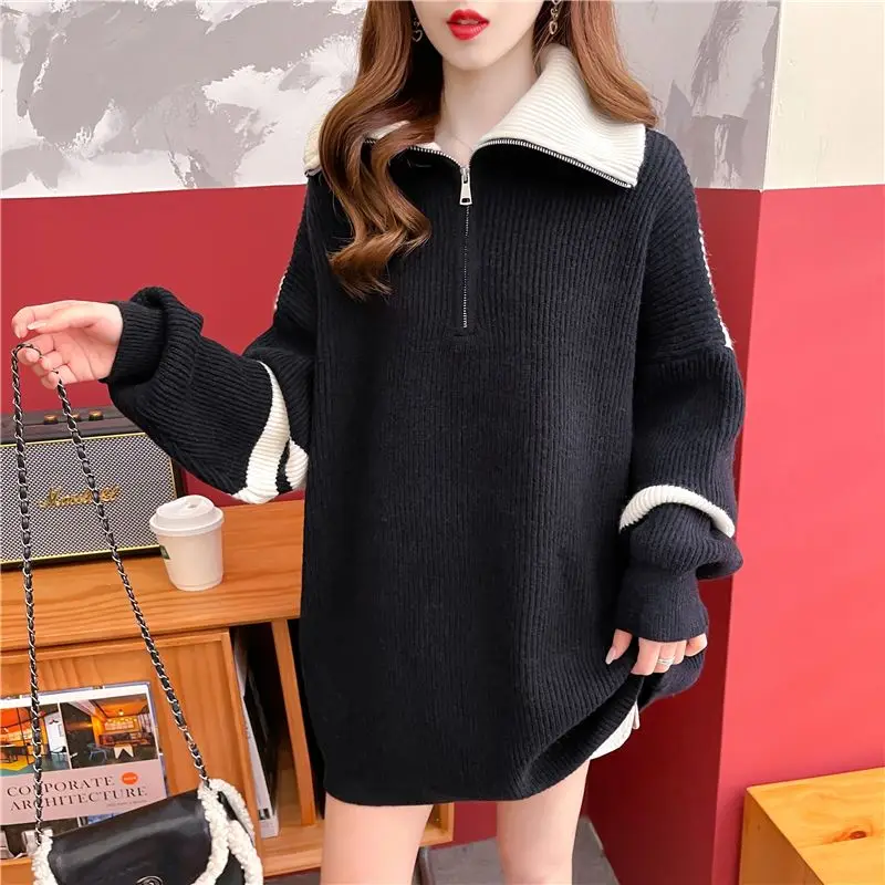 Sweaters Women Half Zipper Lapels Mid to Long Styles for Autumn and Winter 2024 New Popular Styles Thick and Loose Outerwear